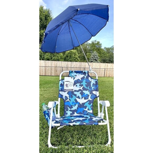 TOMMY BAHAMA Beach Chair Ages 3-6 Years Shark Cup Holder Umbrella Blue Foldable